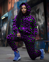 Women's Plus Size Purple Color Block Leopard Print Hoodie Set