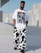 Plus Size Men, Black And White Cows. Mosaic Print Casual Short-sleeved T-shirt Pants Suit