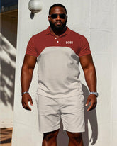 Men's large size Casual Vintage Red & Creamy-white Features Stitching Short-sleeved polo shorts set
