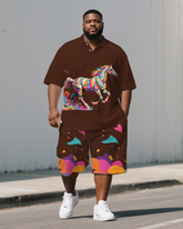 Big Guy's Casual Artistic Colorful Horse Cartoon Printed Short-Sleeve Polo Shirt & Shorts Set