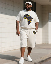 Men's Plus Size Beige Creative African Print T-Shirt Shorts Suit
