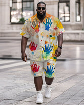 Men's Plus Size Street Fashion Colorful Graffiti Gesture Print Shirt Shorts Suit
