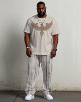 Men's Plus Size Apricot Same Color Jacquard Short-sleeved T-shirt Trousers Suit