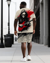 Rock Your Bones and Soul Men's Fashion Skeleton Print Big & Tall Short Sleeve T-shirt 2-Piece Short Set