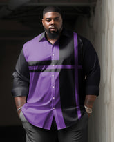 Men's Plus Size Striped Purple Contrast Color Long Sleeve Lapel Shirt