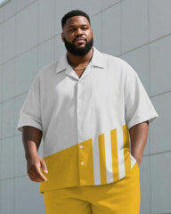 Men's Plus Size Casual Business Yellow Striped Print Shirt Shorts Suit