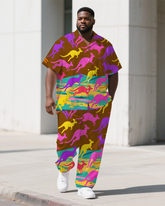Big Men's Colorful Cartoon World Kangaroo Printed Short-Sleeve Shirt Pants 2-Piece Sets