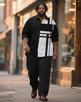 Big & Tall Men's Business Black And White Color Matching Check Print Long Sleeve Shirt Trousers Suit