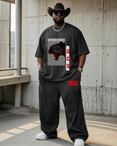 Plus Size Men's Leopard Print Casual Short Sleeve T-Shirt Pants Suit