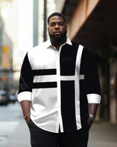 Men's Large Size Colorblock Stripe Lapel Long Sleeve Shirt
