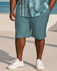 Big & Tall Men's Hawaiian Holiday Blue Striped Leaf Print Shirt Shorts Suit