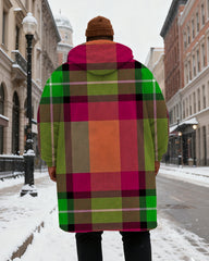 Big & Tall Men's Green Pink Plaid Printed Velvet Thickened Long Hooded Coat