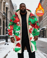Big & Tall Men's Red And Green Christmas Leaves Sequin Printed Velvet Thickened Long Hooded Coat