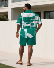 Men's Plus Size Green Brush Graffiti Art Short Sleeve Shirt Shorts Suit
