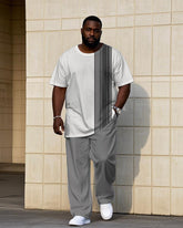 Big Men's Grey & White Patchwork Printed Short-sleeved T-shirt Trousers Set