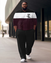 Men's Large Size Color Block King Simple Zipper Shirt And Pants Two-Piece Set