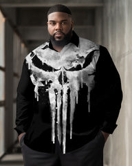 Plus Size Men's Casual White Ink Skull Print Lapel Long Sleeve Shirt