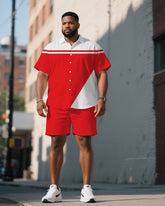 Men's Plus Size Red & White Irregular Stitching Short Sleeve Shirt Shorts Suit