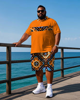 Men's Big & Tall Vintage Style Geometric Pattern Printed Casual Short Sleeve Polo Shirt Shorts Set