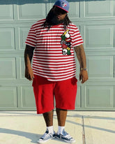 Plus Size Men's Red Stripes T-shirt Shorts Two-Piece Set