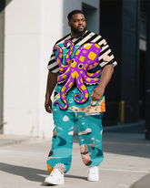 Big Guy's Animal World Octopus & Stripe Printed Casual Short Sleeve T-shirt Pants 2-Piece Set