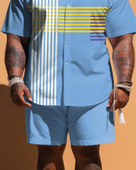 Big Guy's Simple Striped Short Sleeve Shirt And Shorts Set