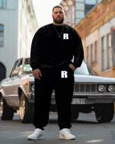 Men's Plus Size All-Match Simple Black Letter Print Sweatshirt Two-Piece Set