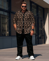 Men's Plus Size Black Colorblock Khaki Geometric Calm Print Long Sleeve Shirt Trousers Suit