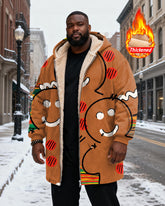 Big & Tall Men's Brown Gingerbread Man Cartoon Printed Velvet Thickened Long Hooded Exterior