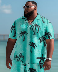 Hawaiian Coconut Leaf Pattern Colorblock Shorts Men's Plus Size Set