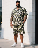 Big Man's Daily Leisure Outdoor Activities High Sense Creative Checkered Camouflage Short Sleeve Shirt Shorts Suit