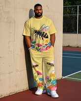 Big Men's Animal World Bee in Flower Printed Casual Crew Short Sleeve T-shirt Pants Set