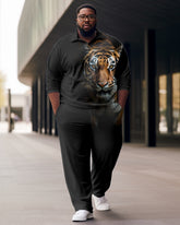 Men's Plus Size Tiger Zip Up Polo Shirt & Pants Two Piece Set
