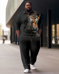 Men's Plus Size Tiger Zip Up Polo Shirt & Pants Two Piece Set