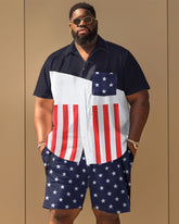 Men's Plus Size Independence Day Flag Patchwork Printed Short Sleeve Shirt Shorts Suit