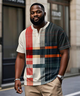 Men's Plus Size Casual Black And Red Geometric Plaid Print Henry Collar Button Short Sleeve T-Shirt