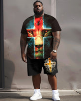 Men's Plus Size Cross Faith Lion T-Shirt Shorts Suit