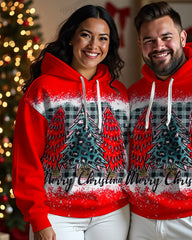 Couple's Plus Size Leopard Print Christmas Tree Long Sleeve Hoodie