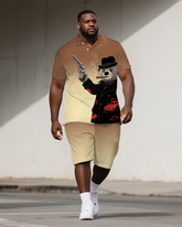 Men's Casual Detective Bear Cartoon Printed Gradient Big Size Short-Sleeve Polo Shirt Shorts Set