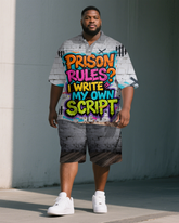 Men's PRISON Letter Graffiti War Streetwear Big and Tall Short-Sleeve Polo Shirt & Shorts Set