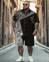 Men's Plus Size Street Fashion Paisley Colorblock Black And White Print Shirt Shorts Suit