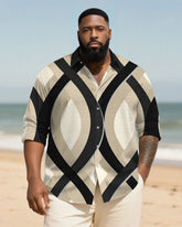 Big & Tall Men's Apricot Geometric Stripe Print Long Sleeve Bamboo Hemp Texture Shirt