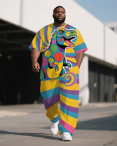 Big and Tall Men's Colorful Stripe Funny Dinosaur Printed Outdoor Short Sleeve T-shirt Pants Set