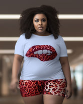 Women's Large Size Retro Sexy Lips Leopard Print Graffiti Short Sleeve Shorts Set