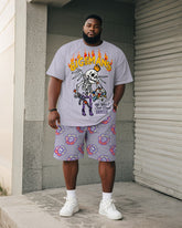 Big & Tall Men's Purple Skull Graffiti Flower Print Round Neck Short Sleeve T-Shirt Shorts Suit