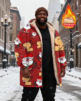 Big & Tall Men's Red Cartoon Santa Claus Elk Print Velvet Thickened Long Hooded Coat