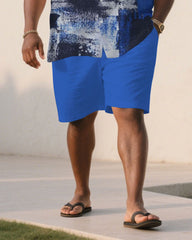 Men's Plus Size Summer Cool Blue Retro Short Sleeve Shirt Shorts Suit