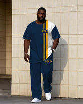 Men's Plus Size Sapphire & Yellow Colorblock Small Label Printed Short-Sleeved T-Shirt Trousers Suit