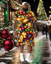 Big Men's Christmas Colored Lights Print T-Shirt Shorts Set