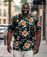 Men's Plus Size Hawaiian Leaf Floral Print Henry Collar Button Short Sleeve Tee